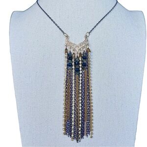 Blue Crystal Fringe Necklace Gold Filigree Tassel Statement
